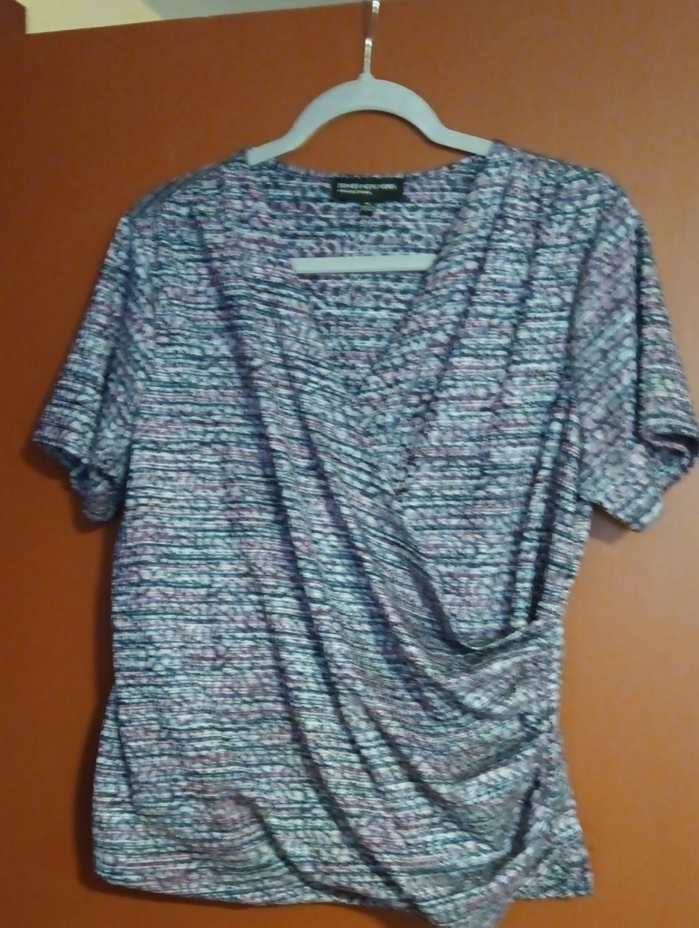 Jones New York Purple Multi-Stripe Draped V-Neck Short Sleeve Top